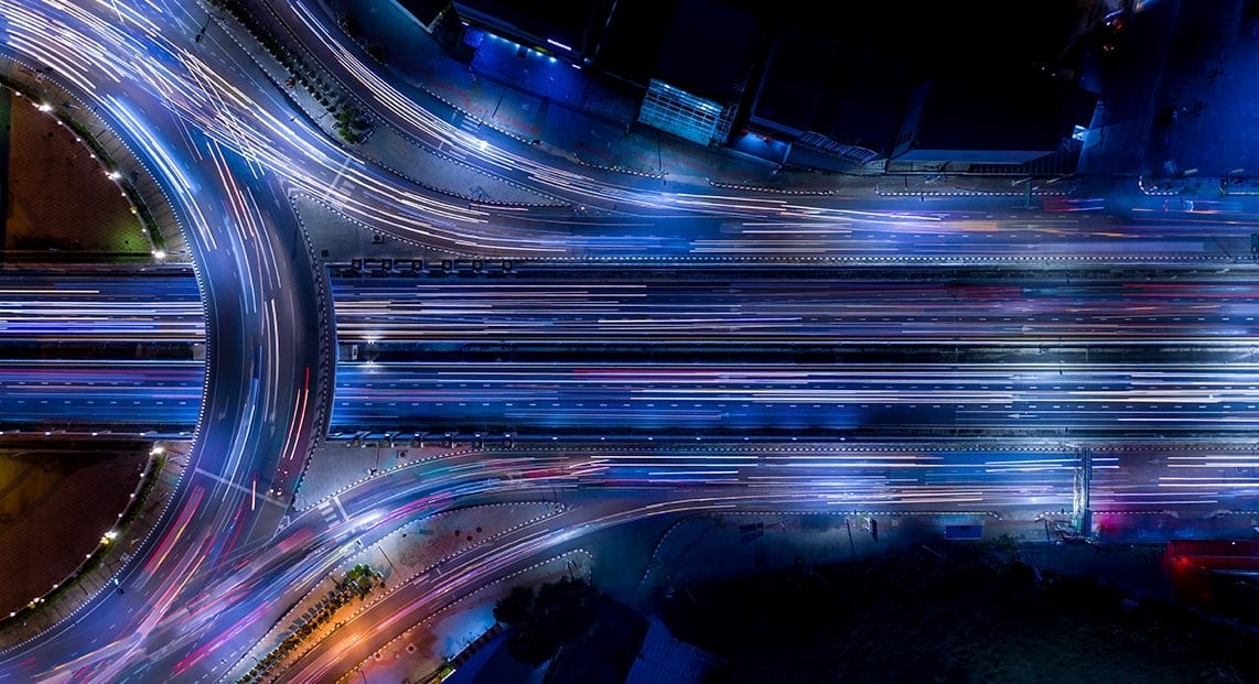 aerial view of a highway at night