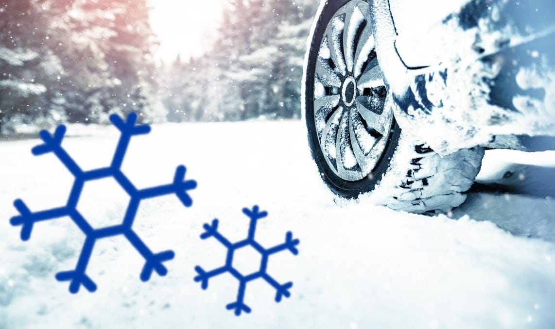 a close up of a car tire in the snow