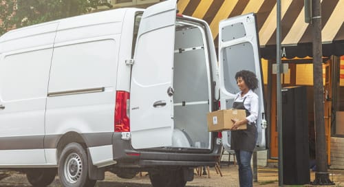 a woman holding a box and opening the van