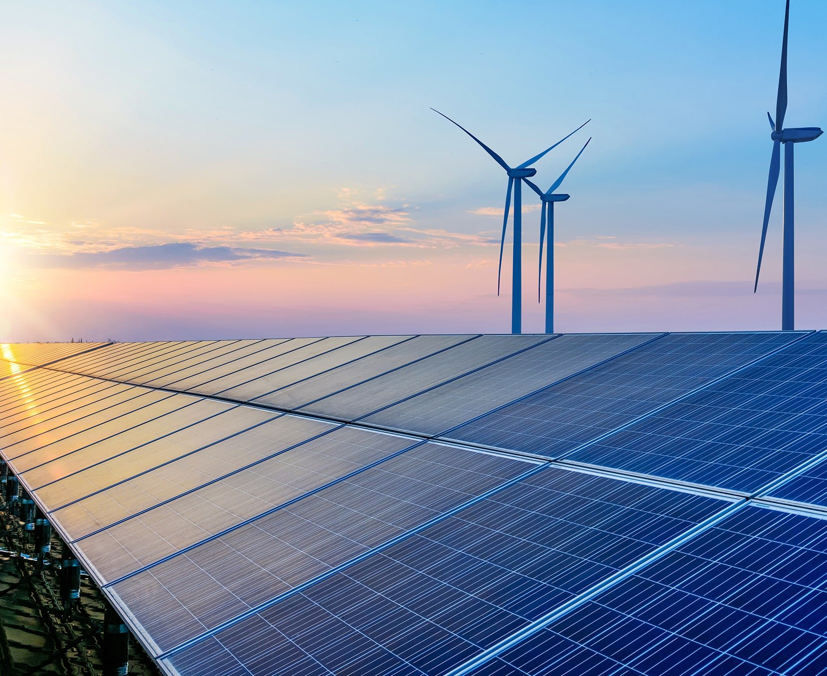 solar panels and wind turbines in a field