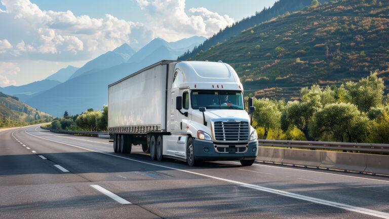 A tractor trailer driving on a mountain road