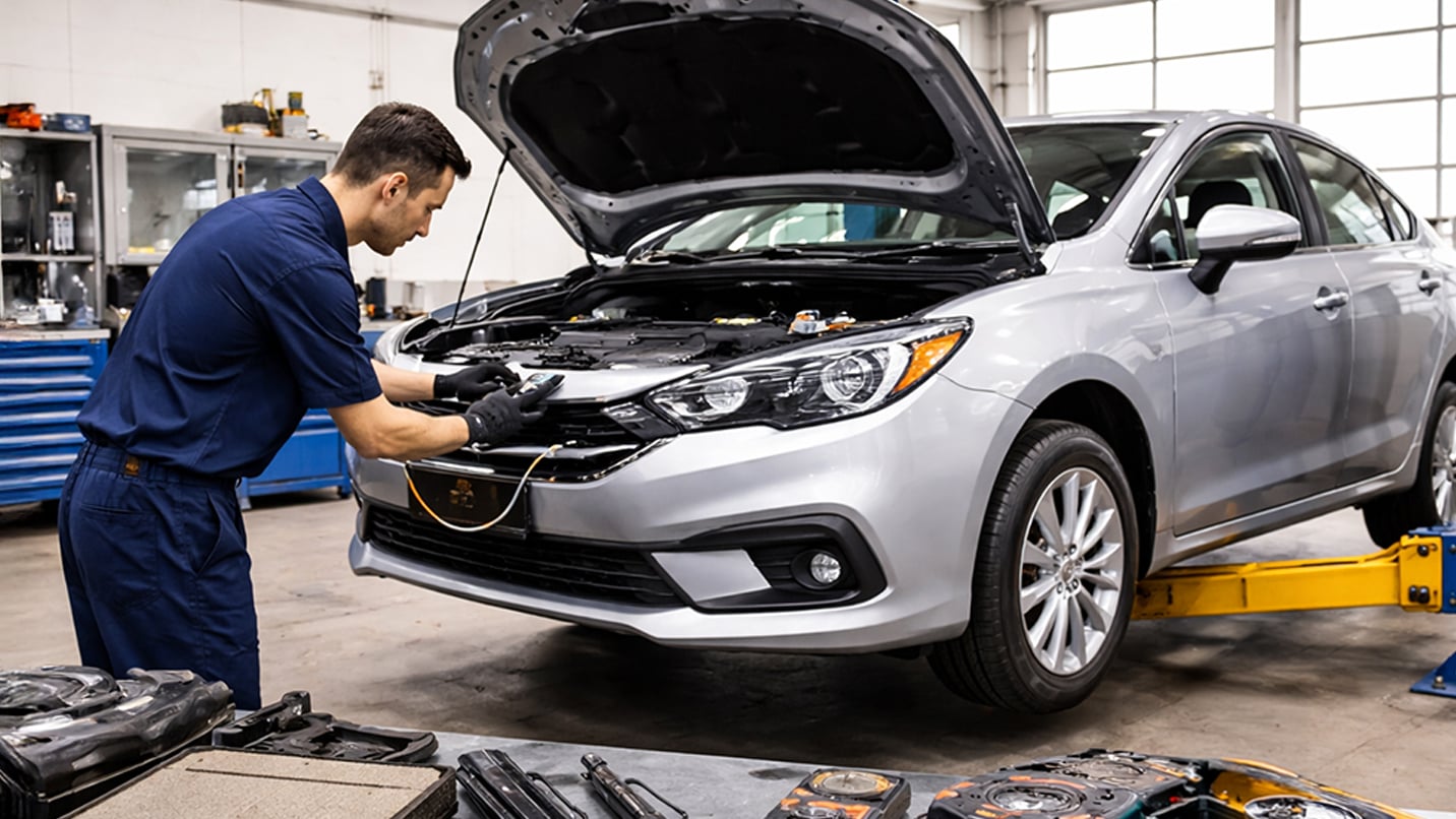 Mechanic working on car engine