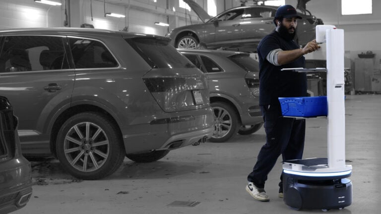 Man interacting with a service robot.