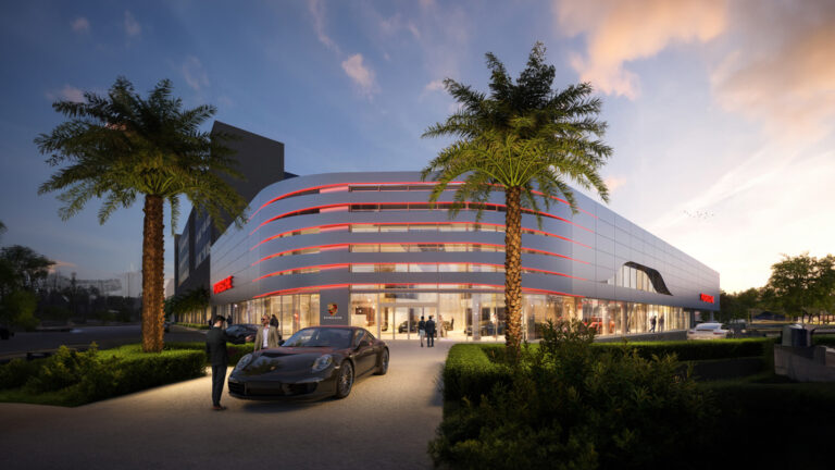 Modern building with palm trees.