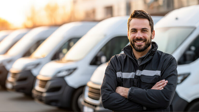 Smiling man with delivery vans behind