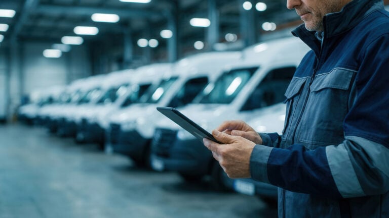 Man using tablet in warehouse with vans
